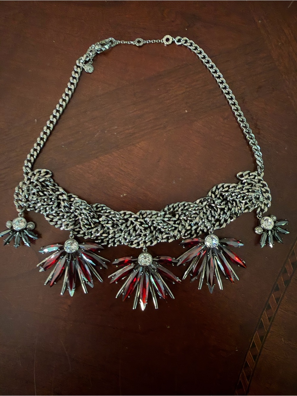 Henri Bendel Vintage Waldorf Necklace Gunmetal Silver & Swarovski Ruby Crystals